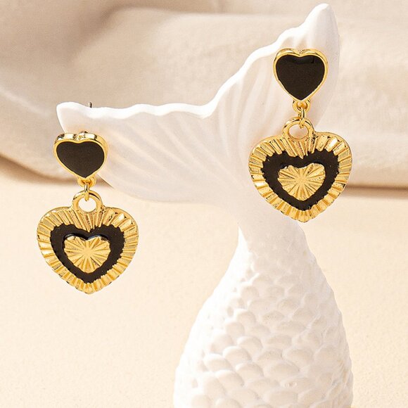 3/$35 Heart Shape Ear Studs Drop Dangle Earrings Black Gold Jewelry - Picture 5 of 6